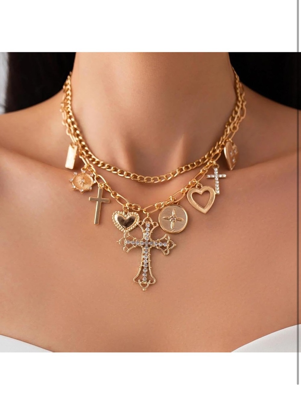 Anthropologie Gold Layered Charm Necklace with Crosses & Hearts - Picture 7 of 8
